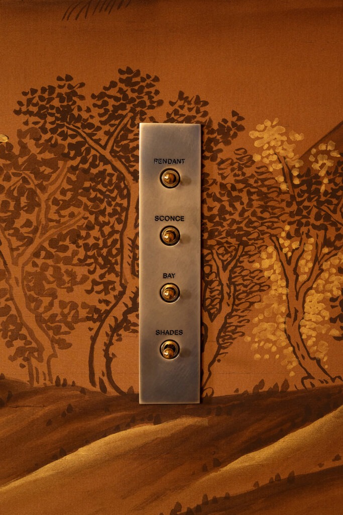 Control panel featuring four buttons labeled "PENDANT," "SCONCE," "BAY," and "SHADES," set against a decorative brown landscape background.