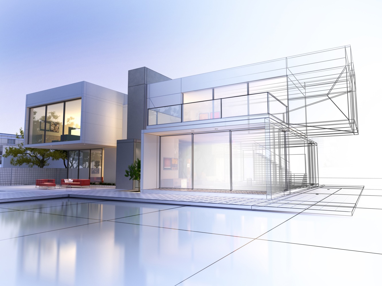 Modern architectural design featuring a sleek house with large glass windows and an outline of structural elements, set by a reflective pool.