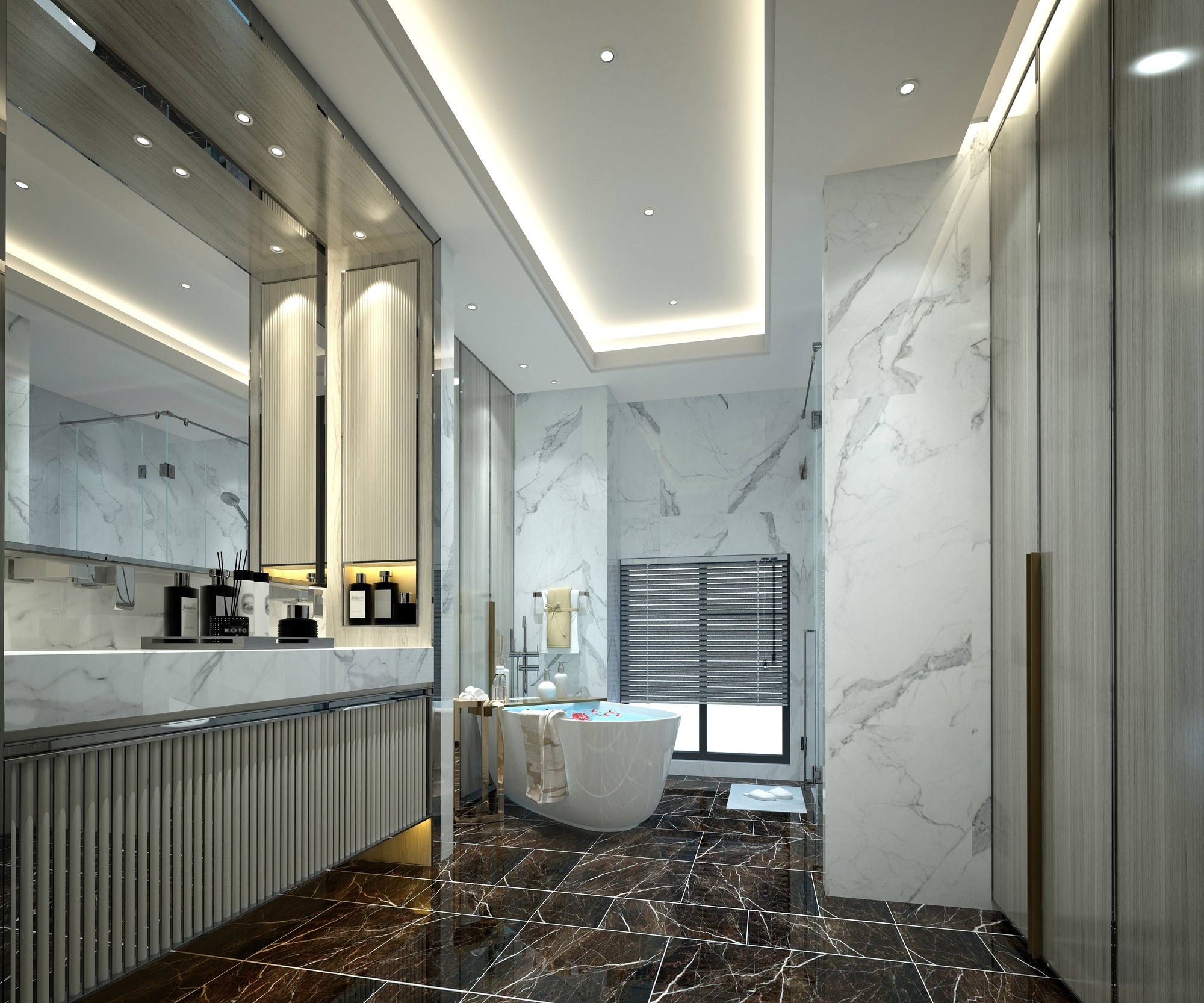 Luxurious bathroom featuring marble walls and flooring, a freestanding bathtub, and sleek cabinetry. Soft lighting enhances the elegant design.