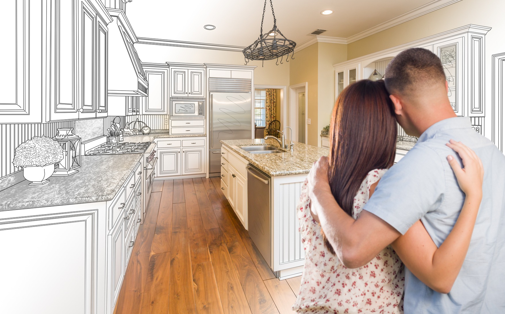 Couple embraces in a modern kitchen, featuring a blend of realistic and sketch elements, symbolizing design inspiration and transformation.