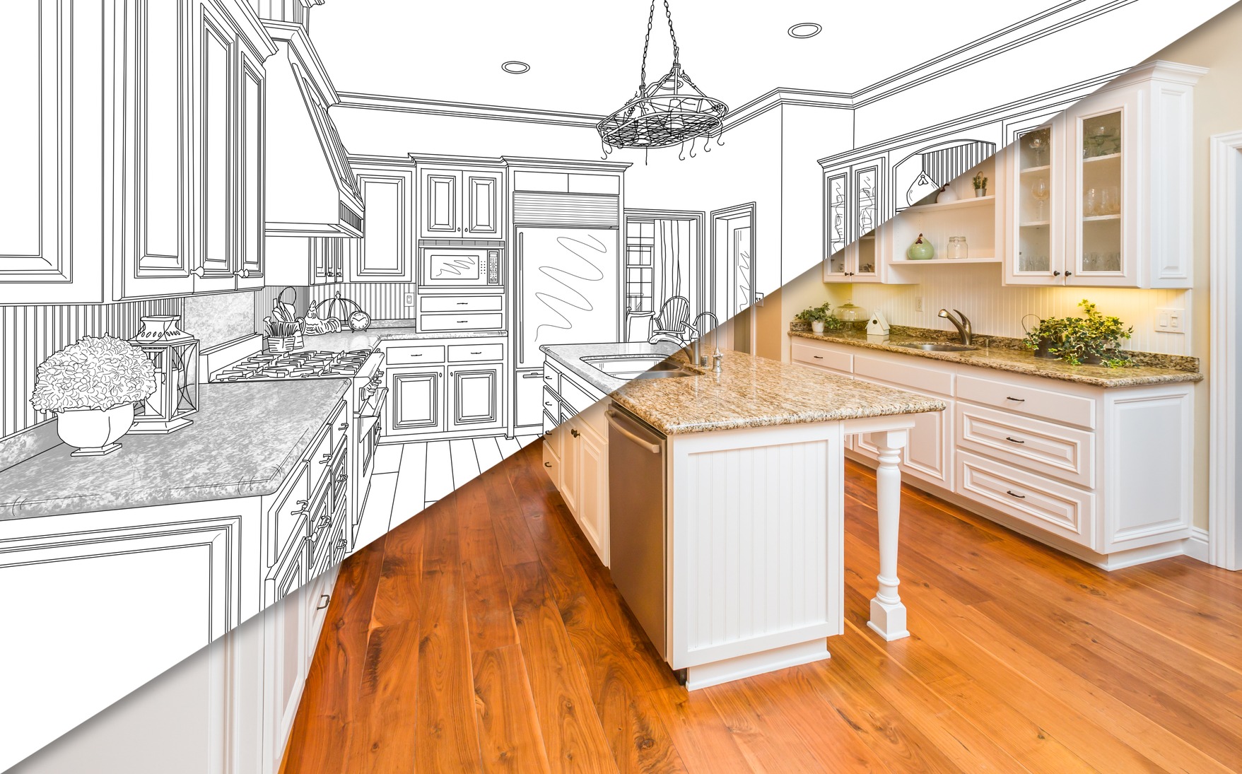 Split image showcasing a kitchen design: one side is a detailed sketch and the other a fully realized, modern kitchen with granite countertops and wooden flooring.