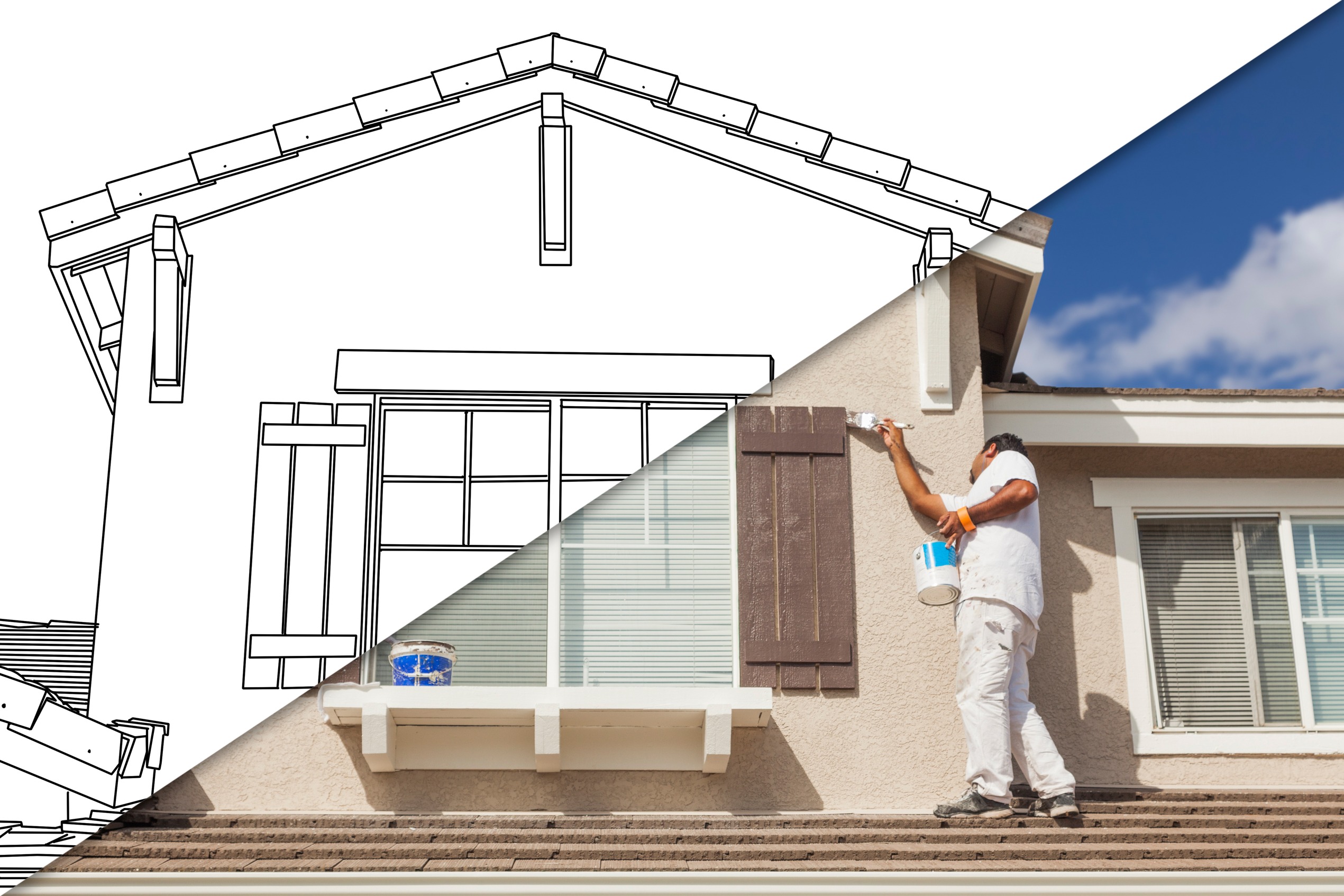 A split image showing a house: the left side features architectural sketches, while the right side displays a painter applying color to the exterior.