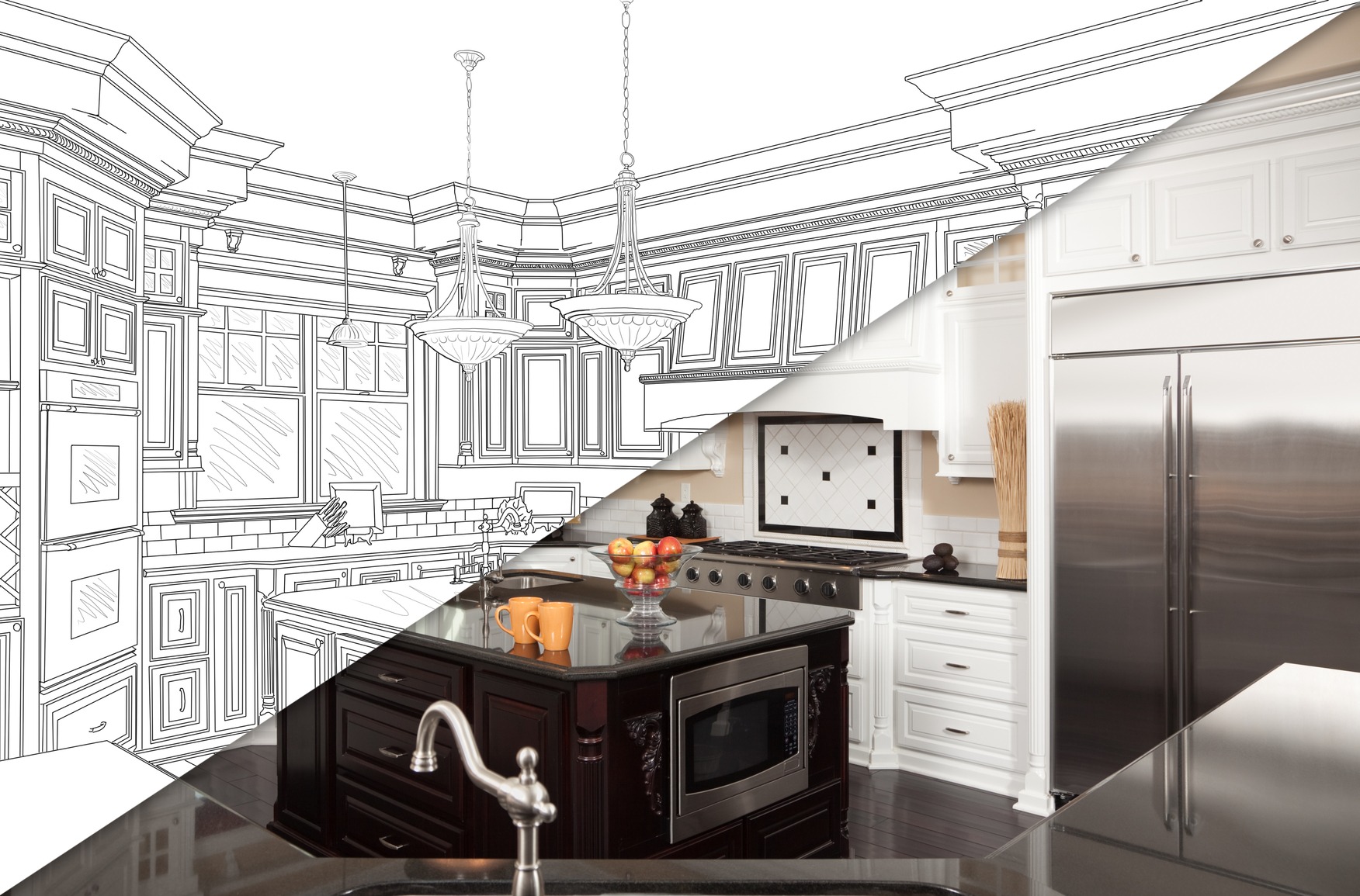 Split-image of a kitchen design: one side is a detailed sketch while the other showcases a modern, fully-furnished kitchen. Highlights the design process.